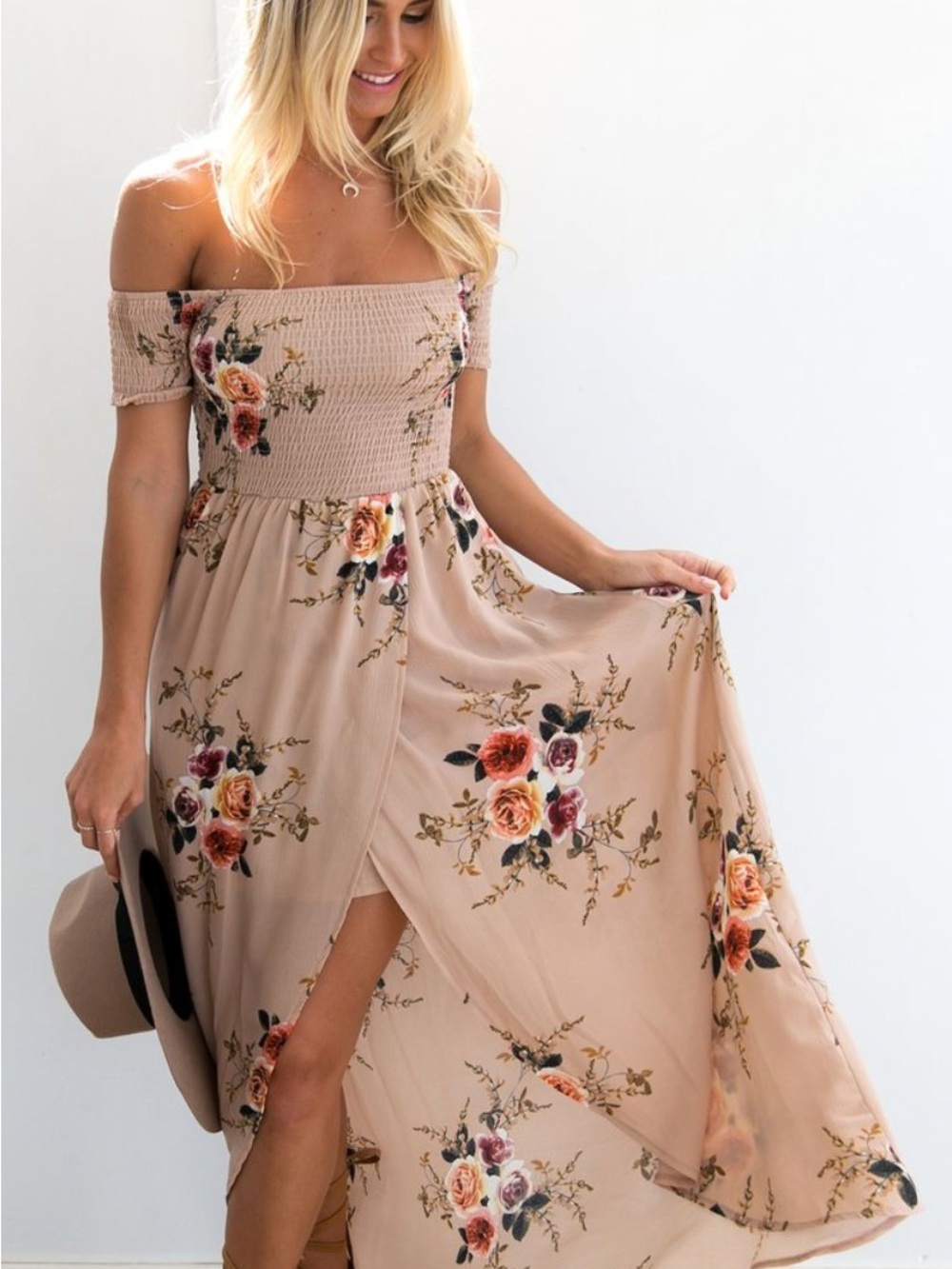 Floral Off-Shoulder Maxi Dress in Blush